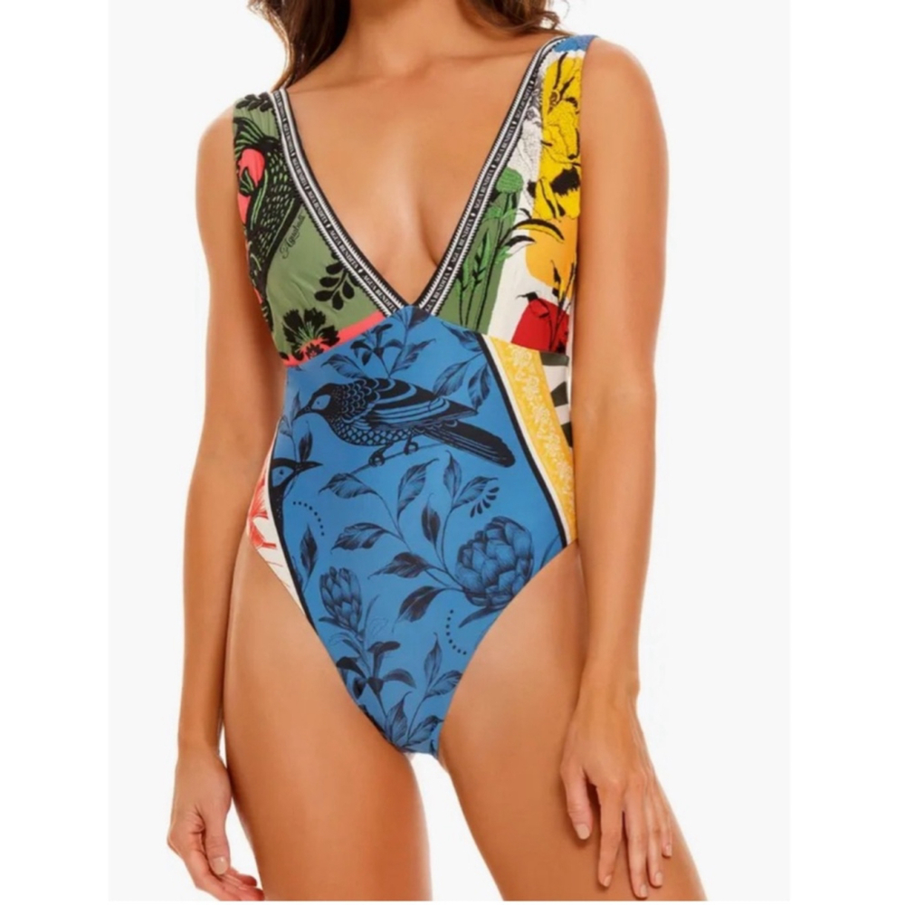 NWOT Aguabendita Blue Multi-color Floral Tulipa Tout Print One-Piece Swimsuit L